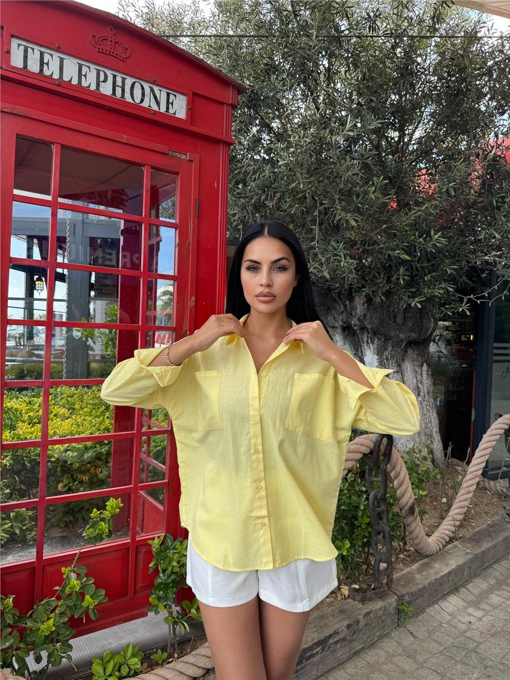 Sarı Oversize Cepli Pamuklu Polyester Gömlek