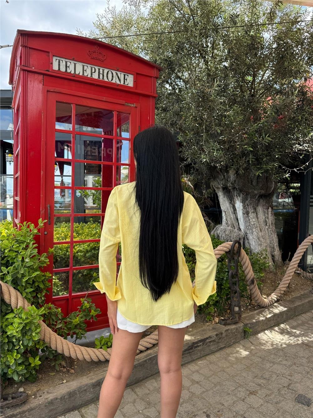 Sarı Oversize Cepli Pamuklu Polyester Gömlek