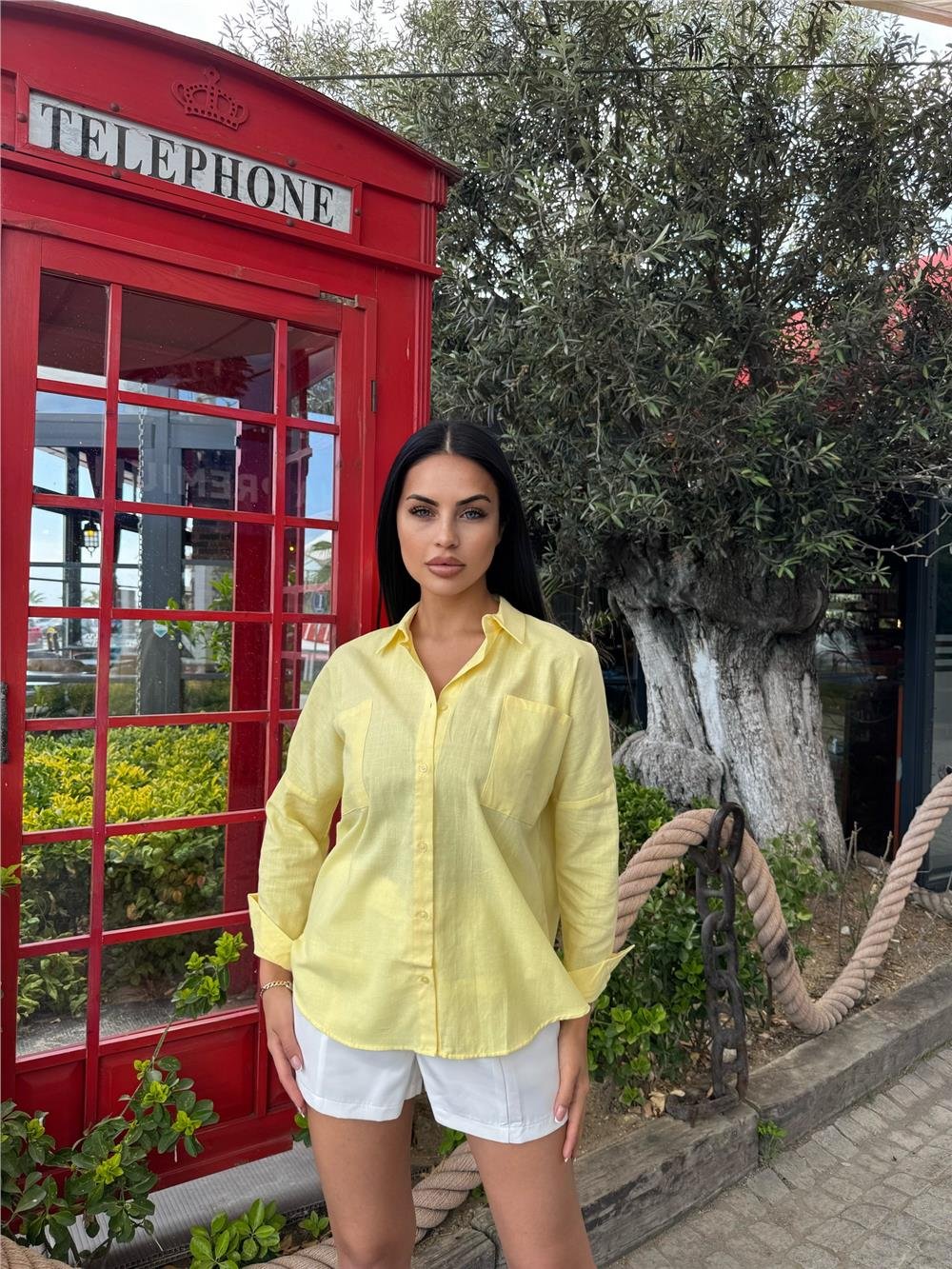 Sarı Oversize Cepli Pamuklu Polyester Gömlek