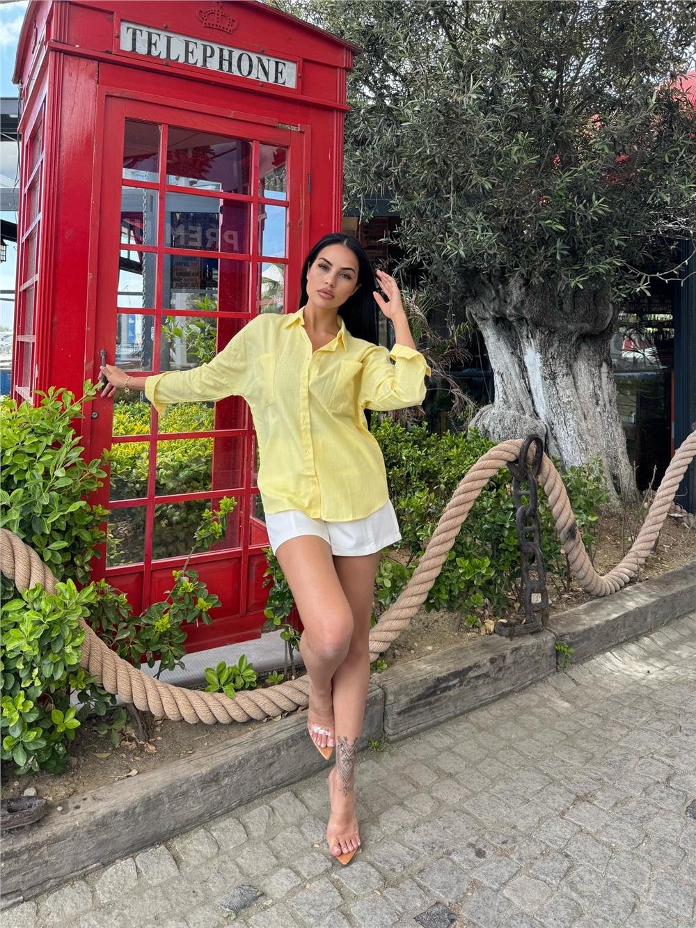 Sarı Oversize Cepli Pamuklu Polyester Gömlek