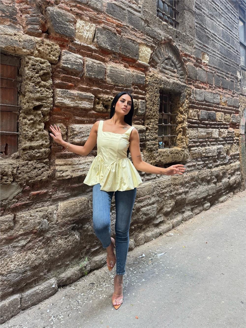 Sarı Pamuk Polyester Kare Yaka Balon Bluz