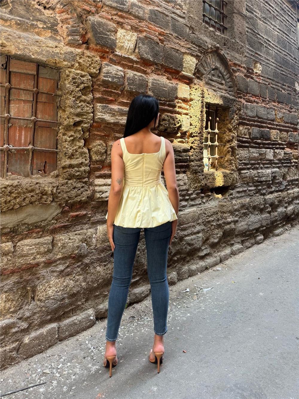 Sarı Pamuk Polyester Kare Yaka Balon Bluz