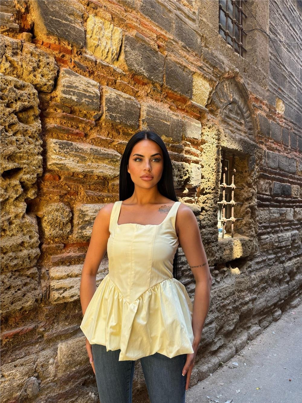 Sarı Pamuk Polyester Kare Yaka Balon Bluz