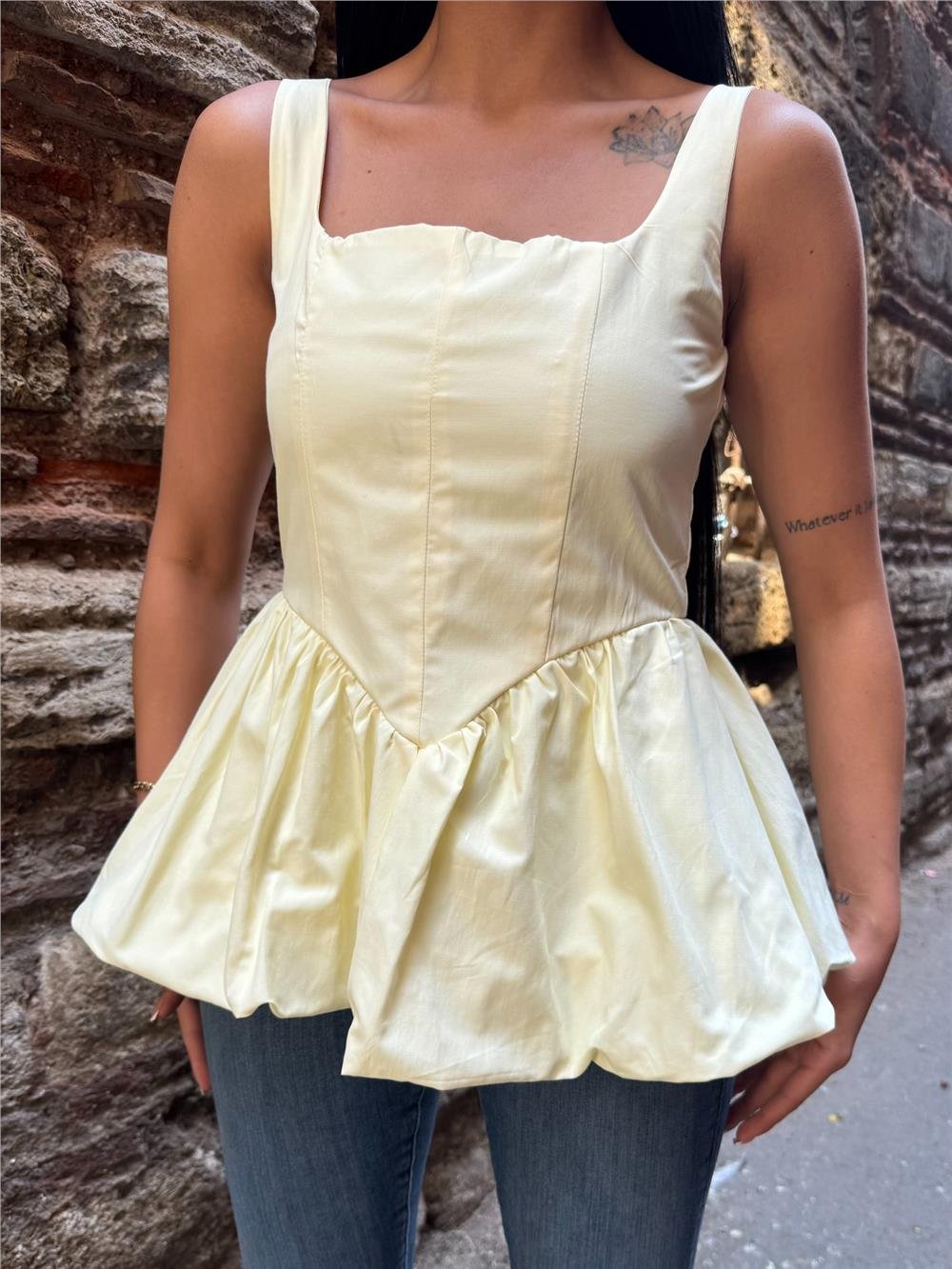 Sarı Pamuk Polyester Kare Yaka Balon Bluz