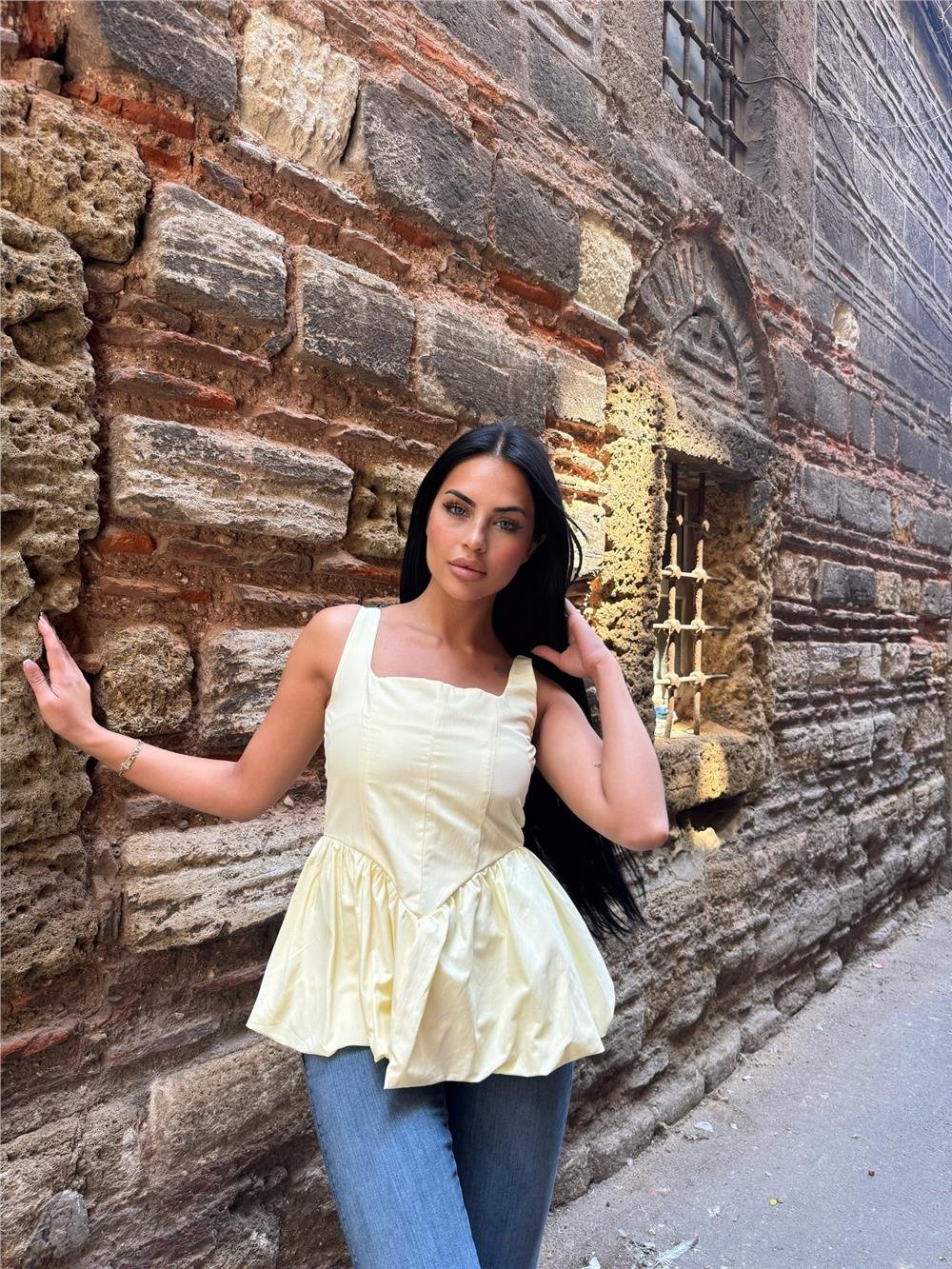 Sarı Pamuk Polyester Kare Yaka Balon Bluz