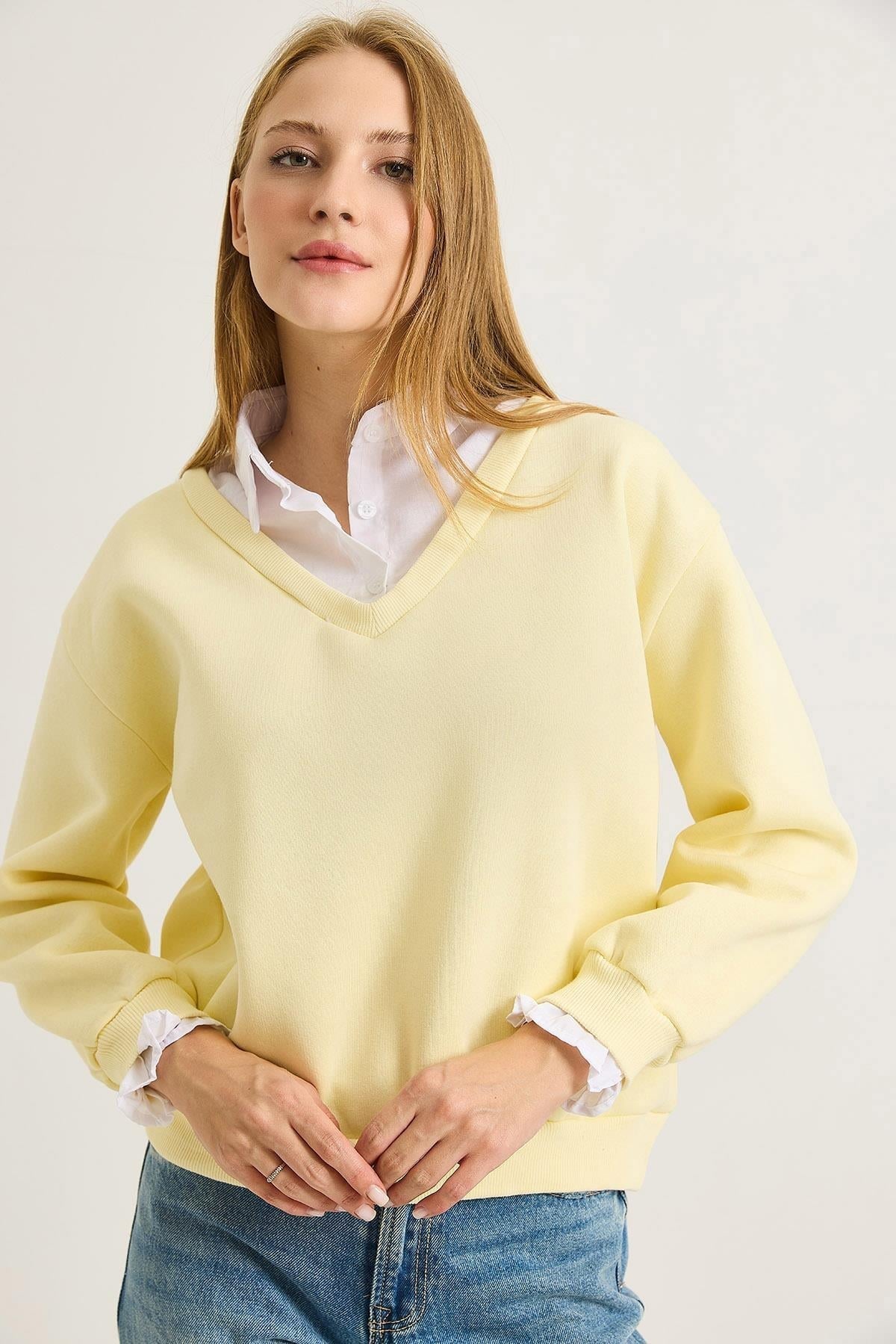 Sarı Şardonlu V Yaka Sweatshirt