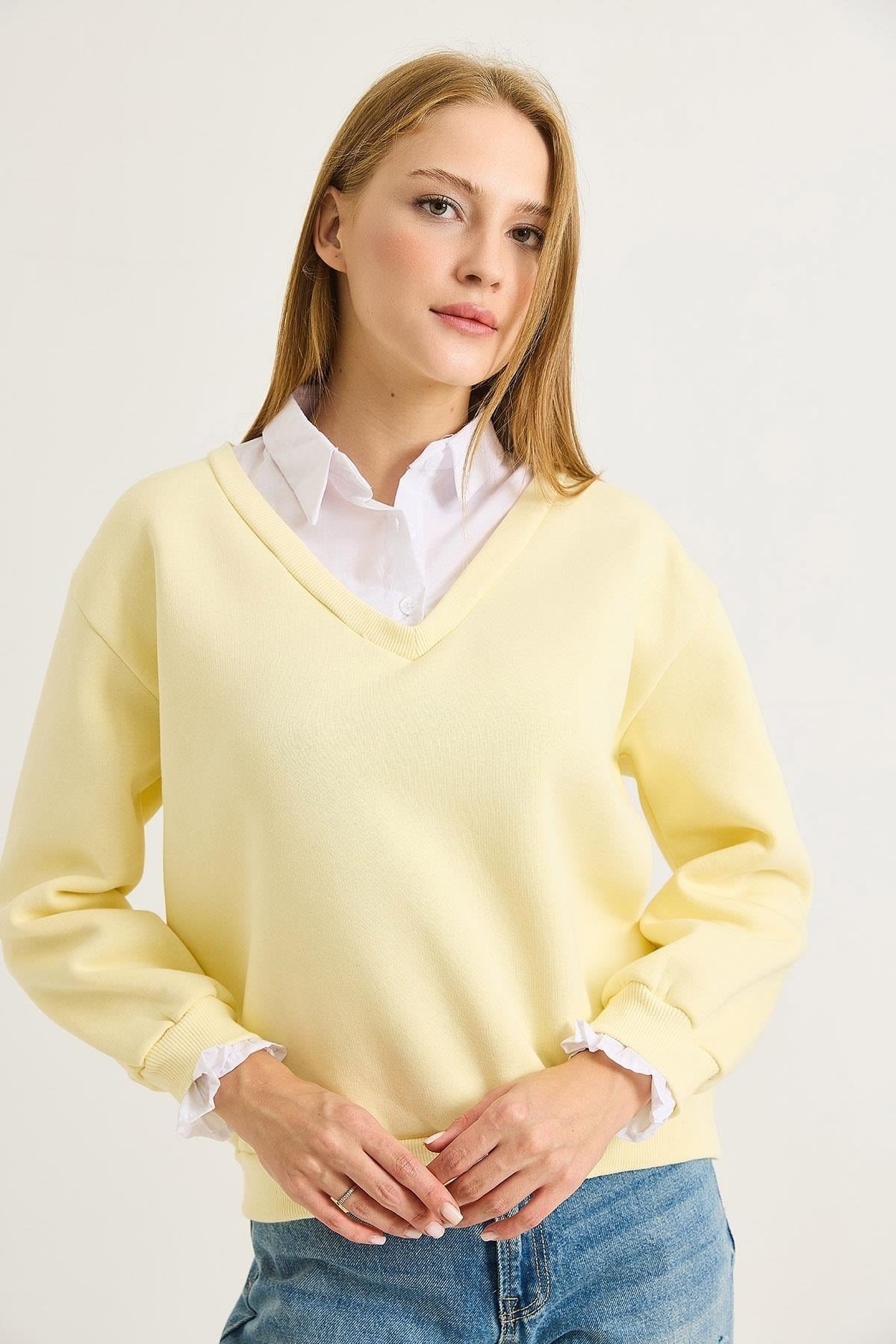 Sarı Şardonlu V Yaka Sweatshirt