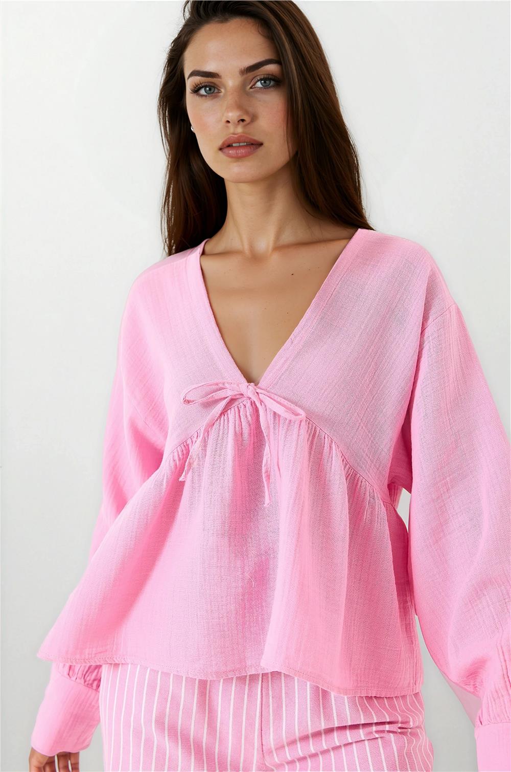 Şeker Pembe Bağlamalı Bluz