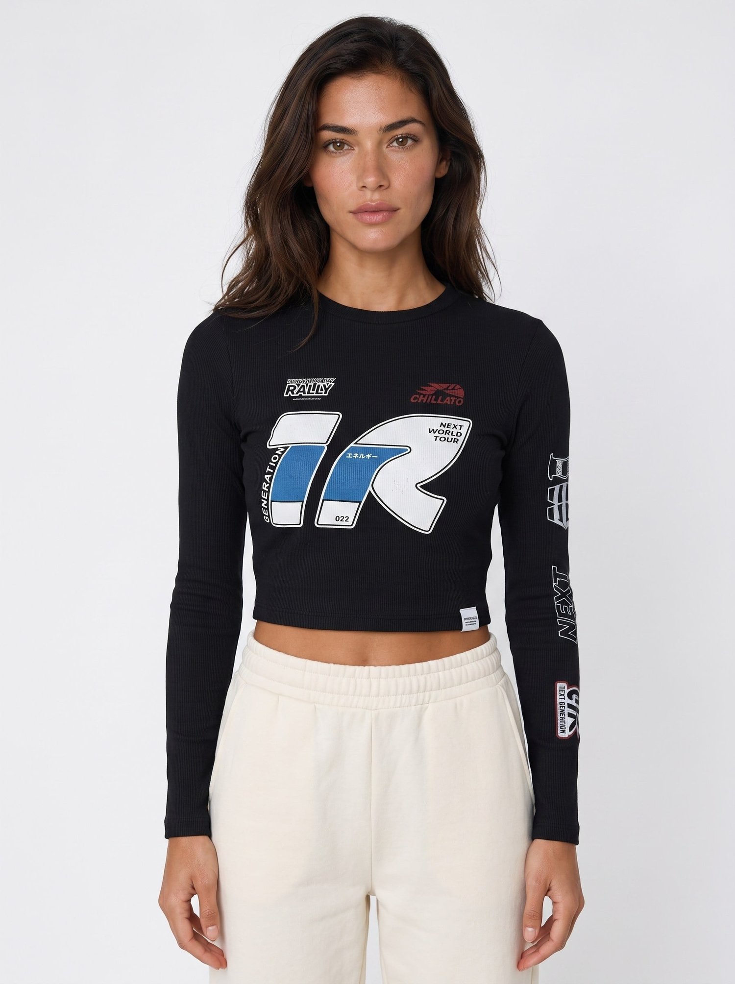 Siyah Baskılı Fitilli Crop Bluz