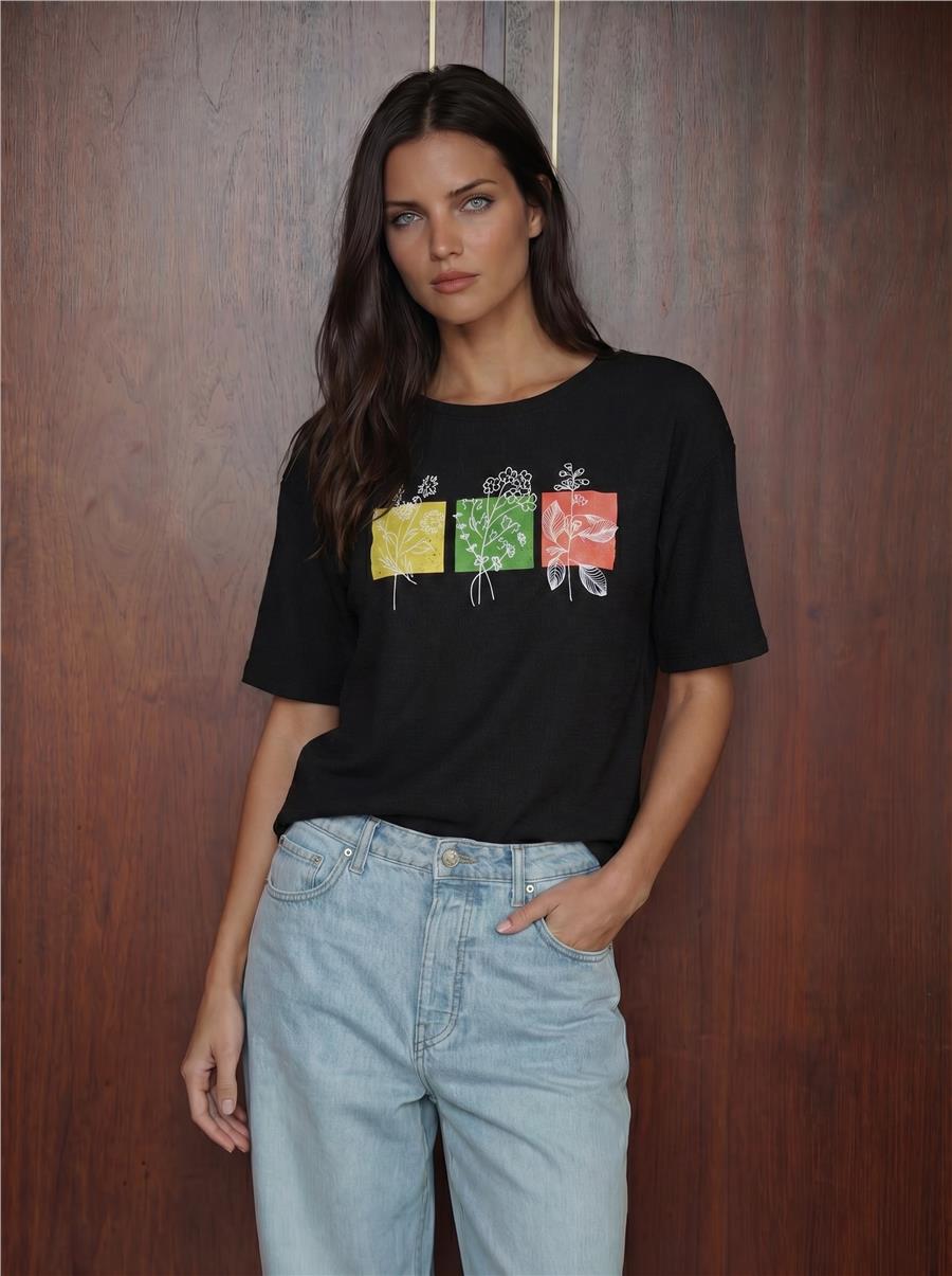 913 Baskılı Örme Basic Tişört - Siyah