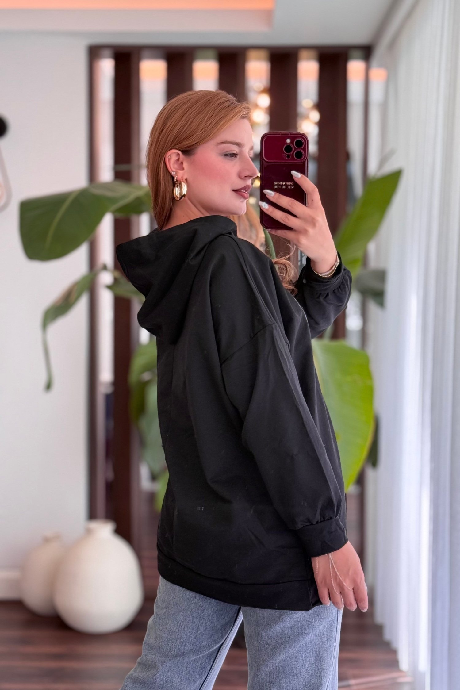 Siyah Baskılı Oversize Kapüşonlu Sweatshirt