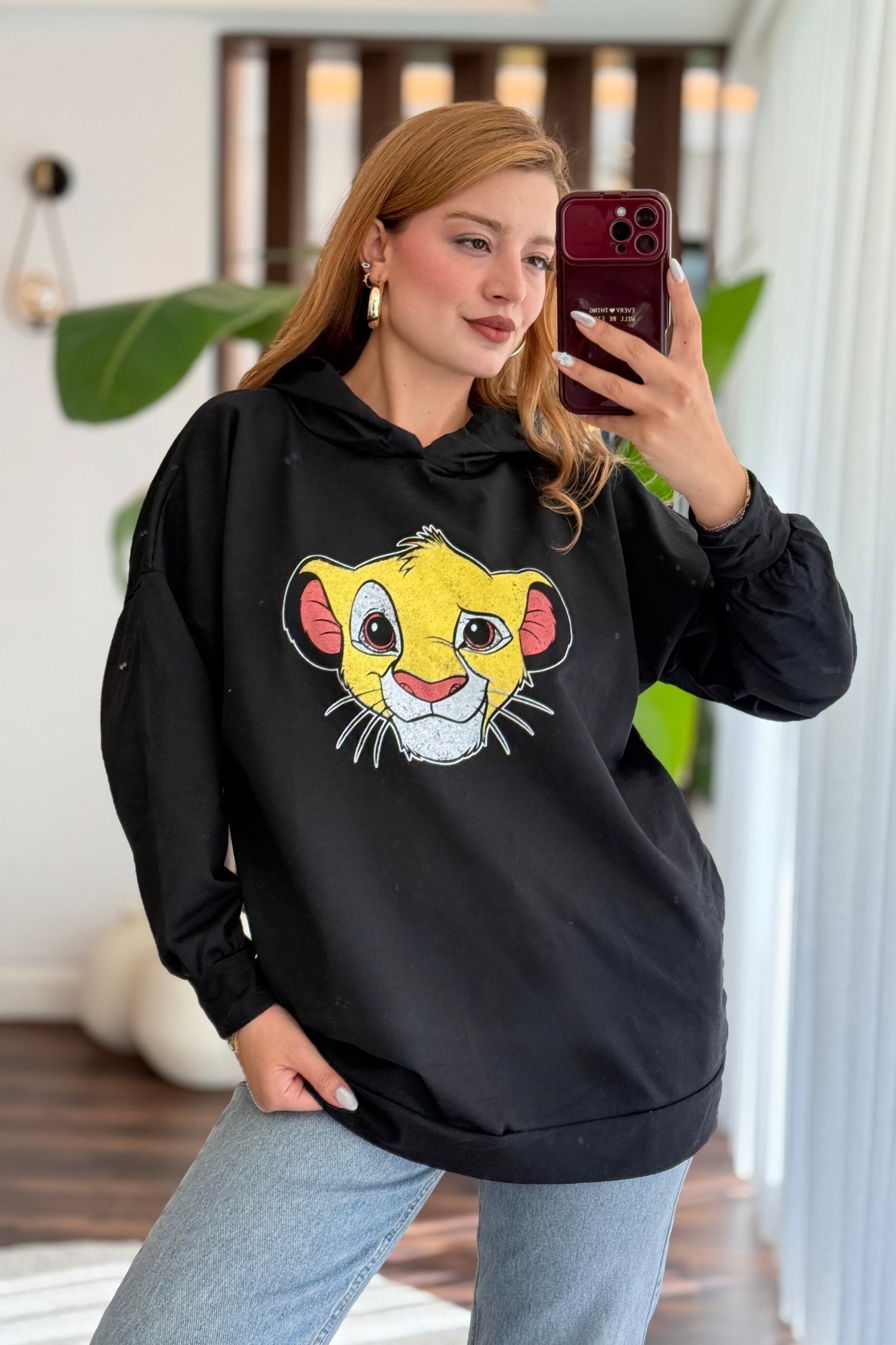 Siyah Baskılı Oversize Kapüşonlu Sweatshirt