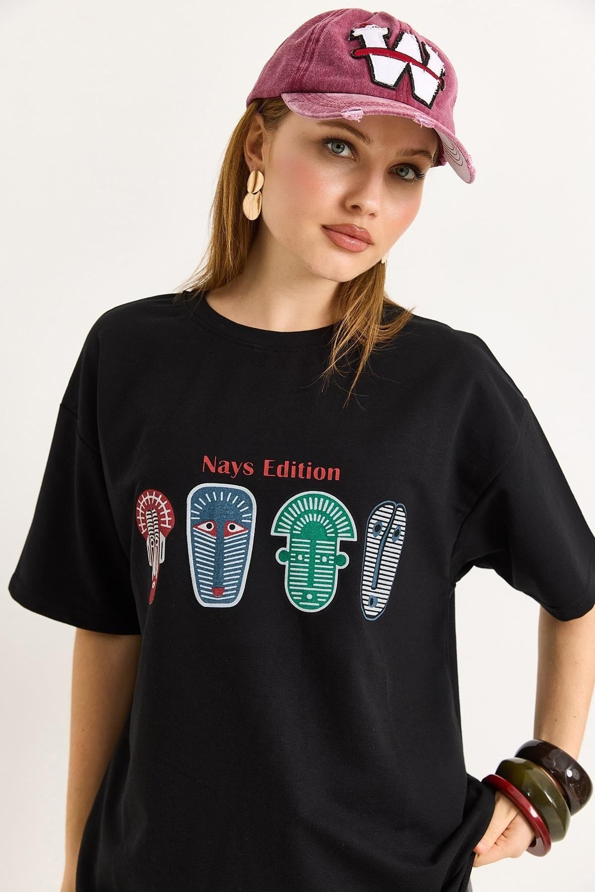 Siyah Baskılı Oversize Tişört
