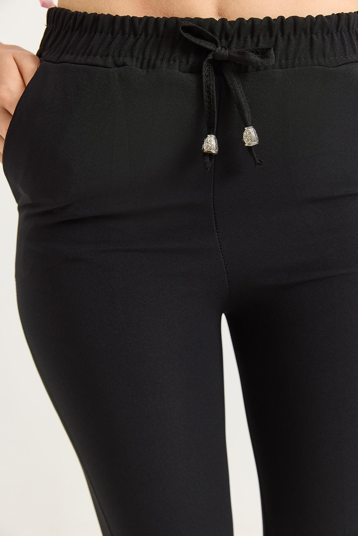 Siyah Beli Lastikli Krep Pantolon