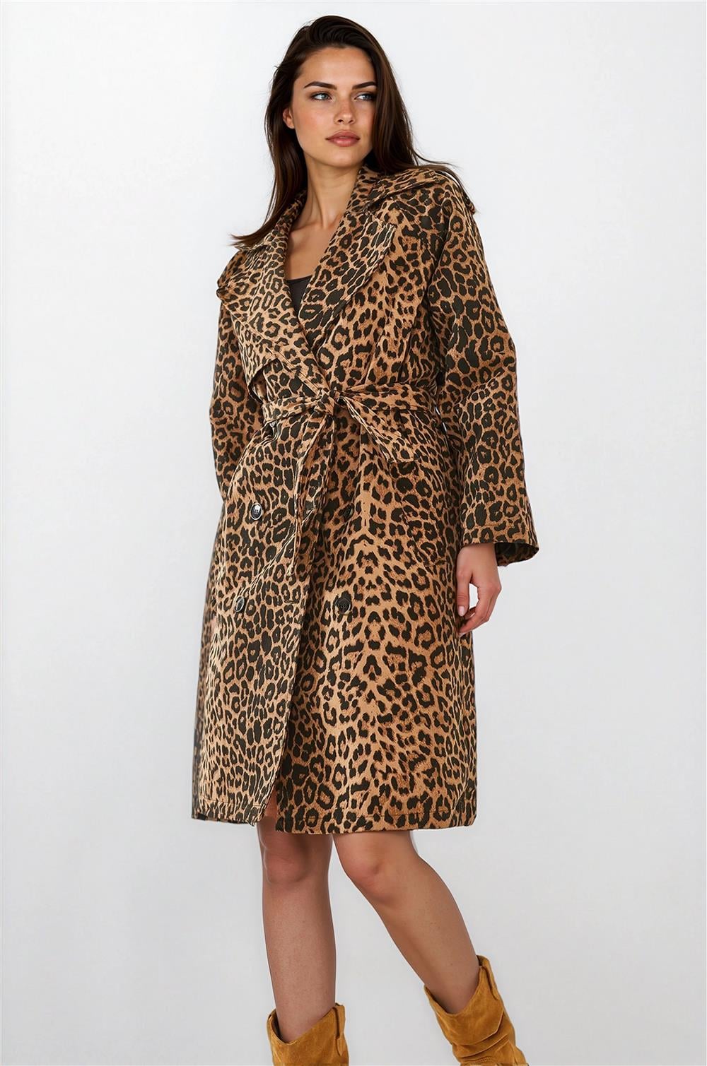 Siyah-Camel Leopar Trençkot