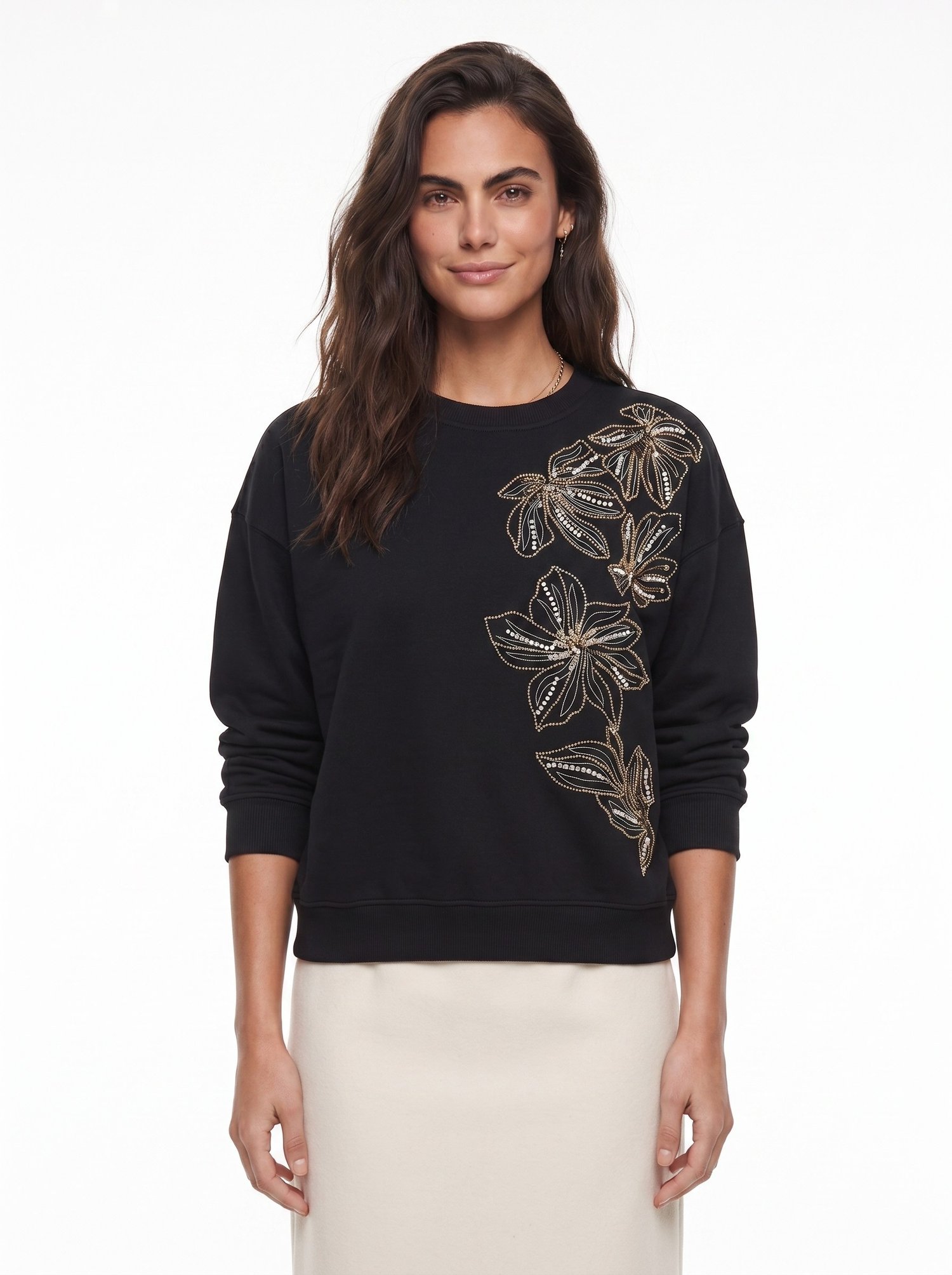Siyah Çiçek Boncuk İşlemeli Sweatshirt