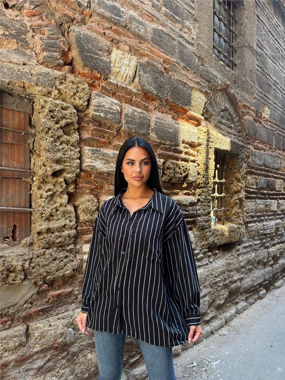 Siyah Çizgili Oversize Pamuklu Düğmeli Gömlek