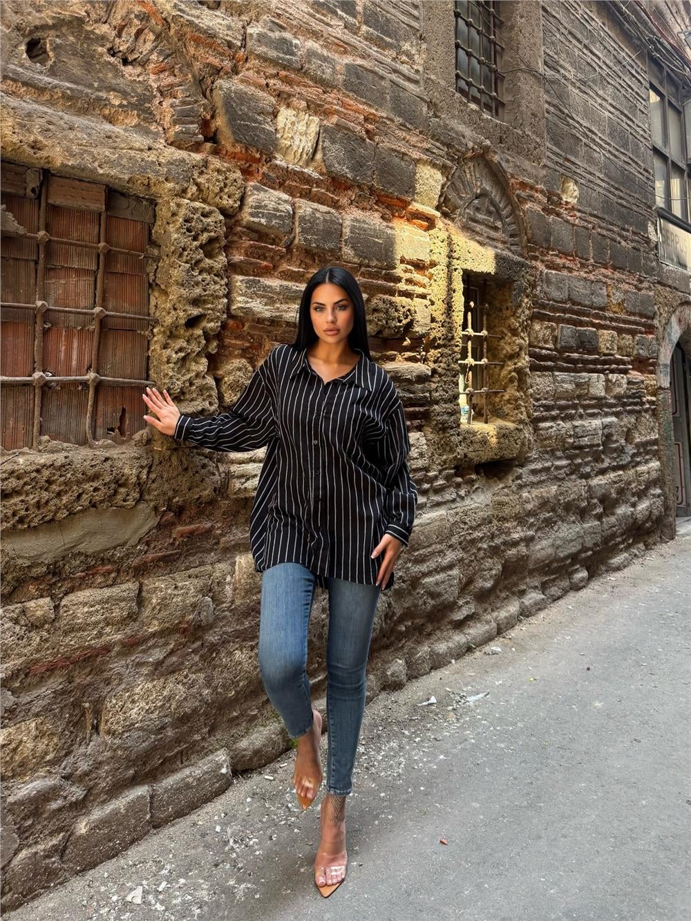 Siyah Çizgili Oversize Pamuklu Düğmeli Gömlek