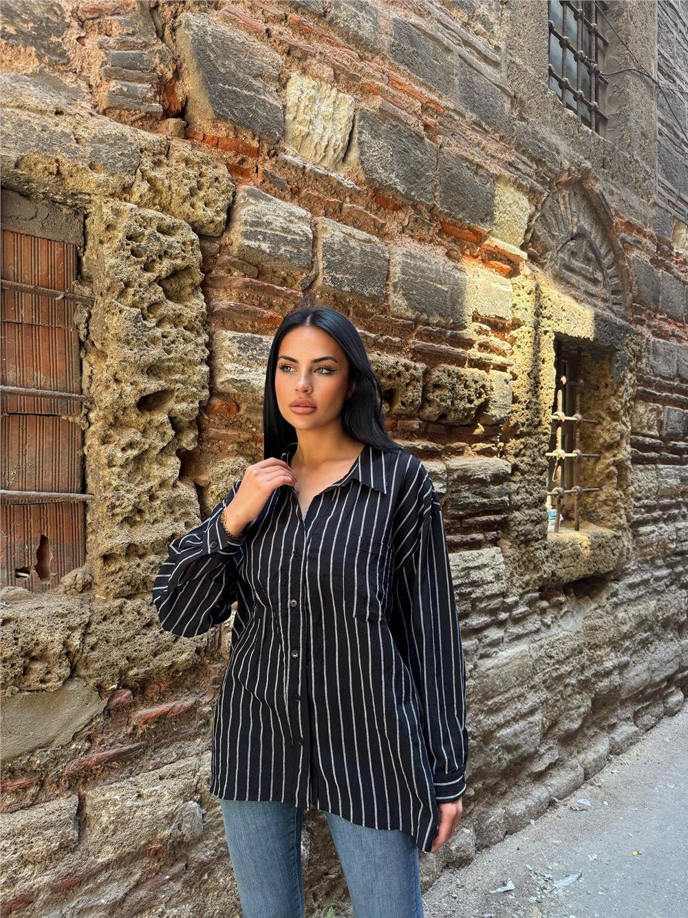 Siyah Çizgili Oversize Pamuklu Düğmeli Gömlek