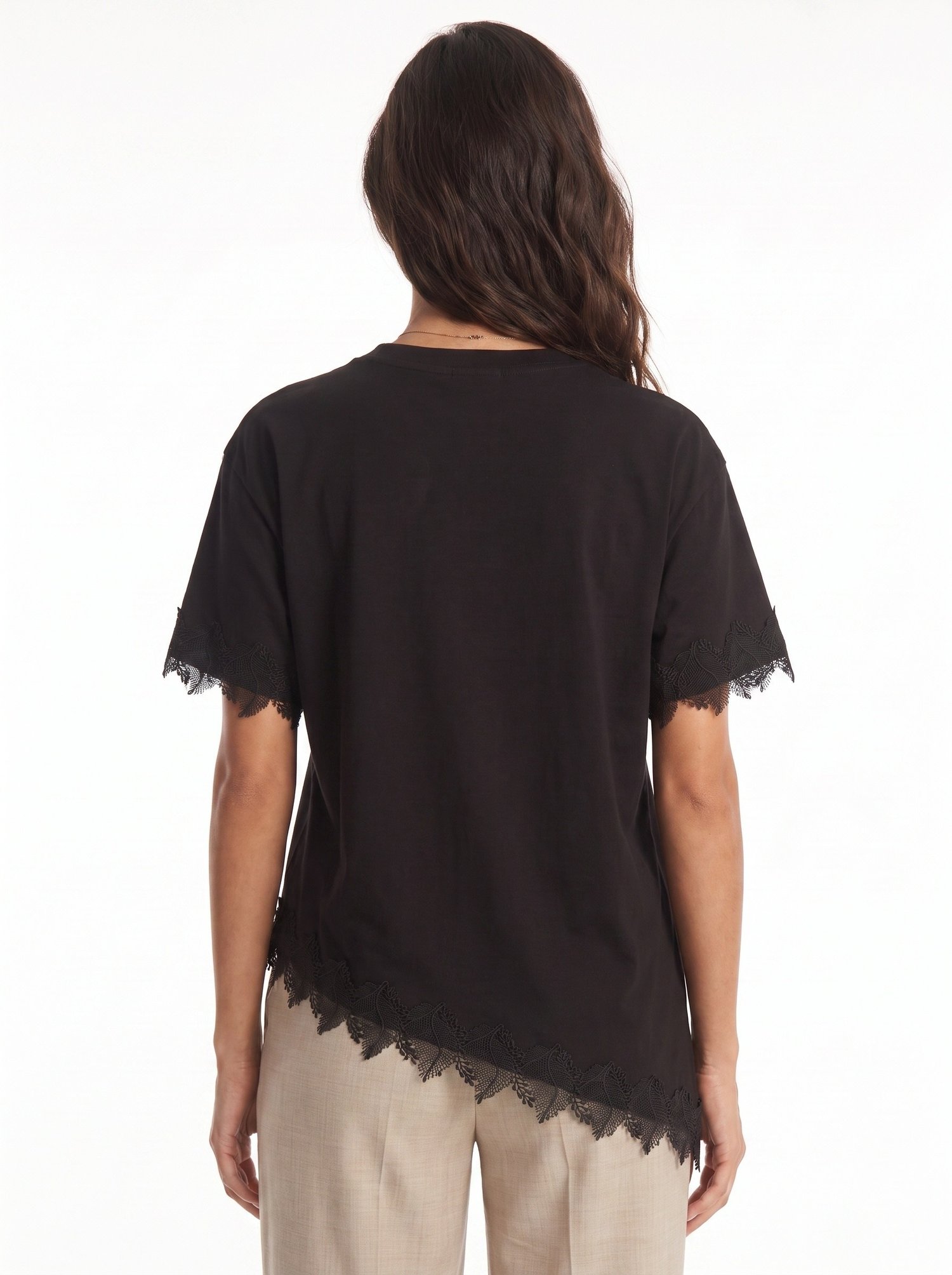 Siyah Dantelli Asimetrik Oversize Tişört