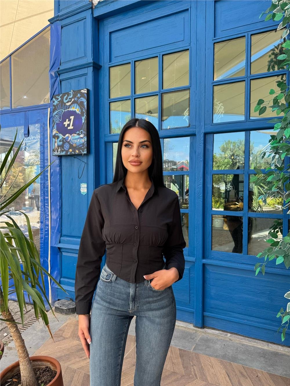 Siyah Desenli Polyester Parçalı Gömlek