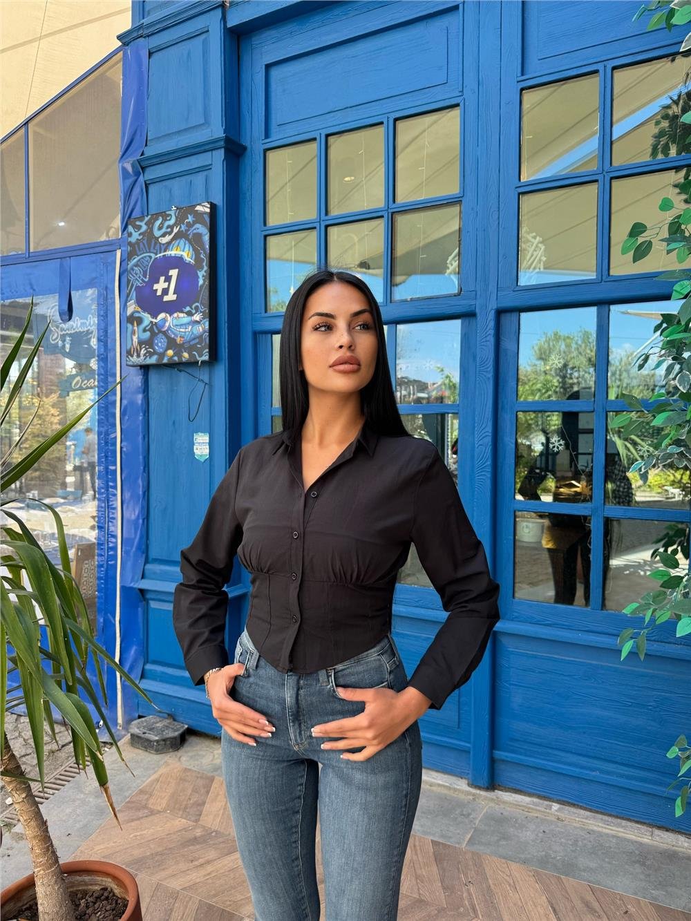 Siyah Desenli Polyester Parçalı Gömlek
