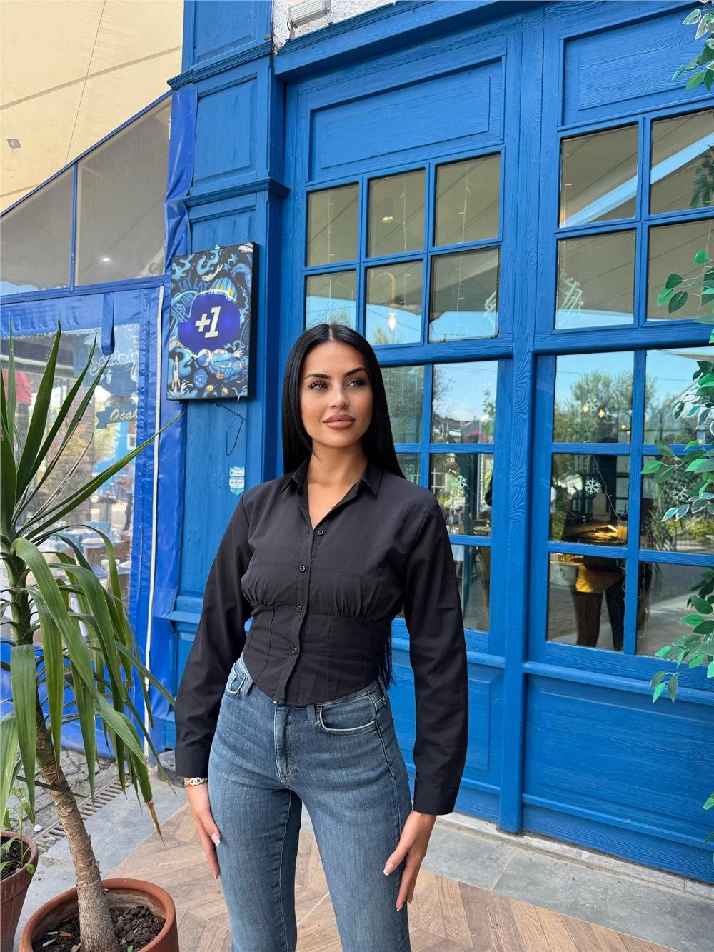 Siyah Desenli Polyester Parçalı Gömlek