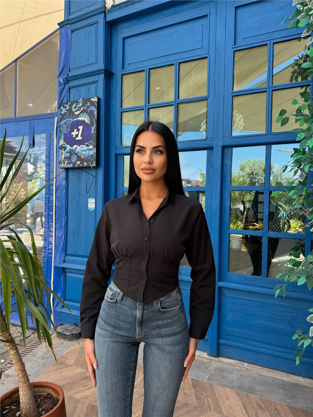 Siyah Desenli Polyester Parçalı Gömlek
