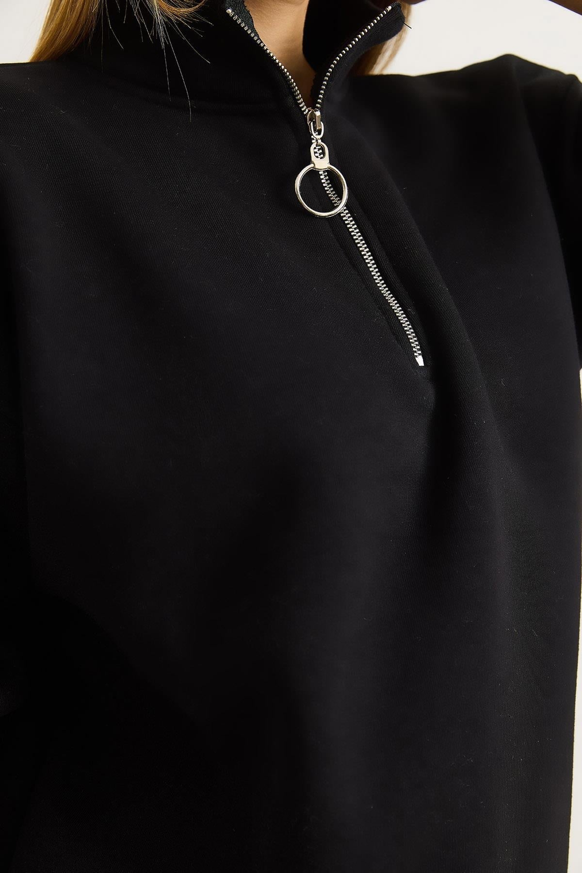 Siyah Fermuar Yaka Sweatshirt
