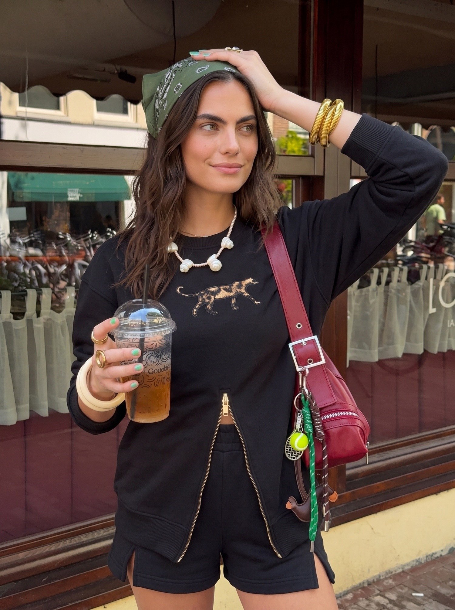 Siyah Fermuarlı Leopar Baskılı Sweatshirt