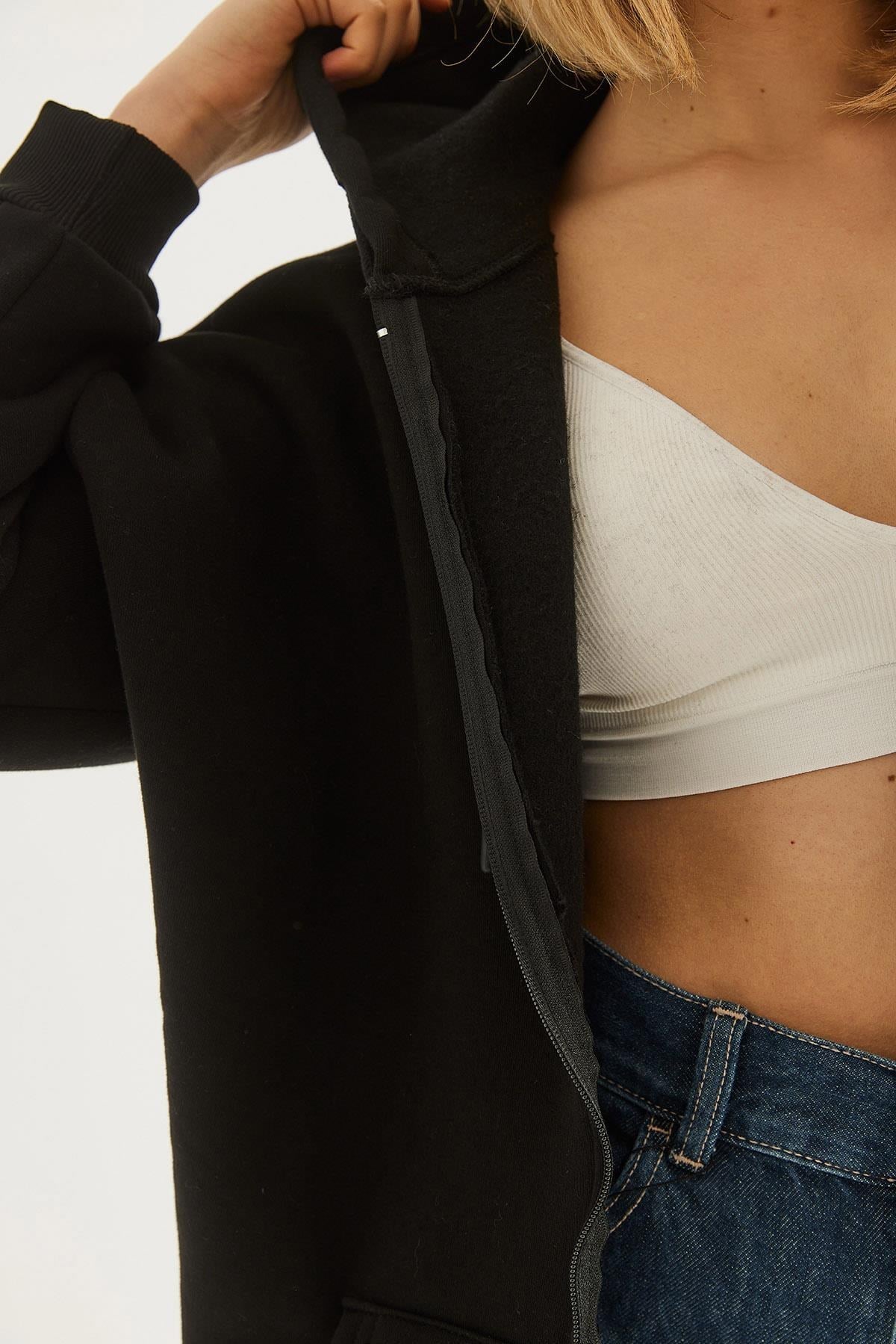 Siyah Fermuarlı Oversize Şardonlu Sweatshirt