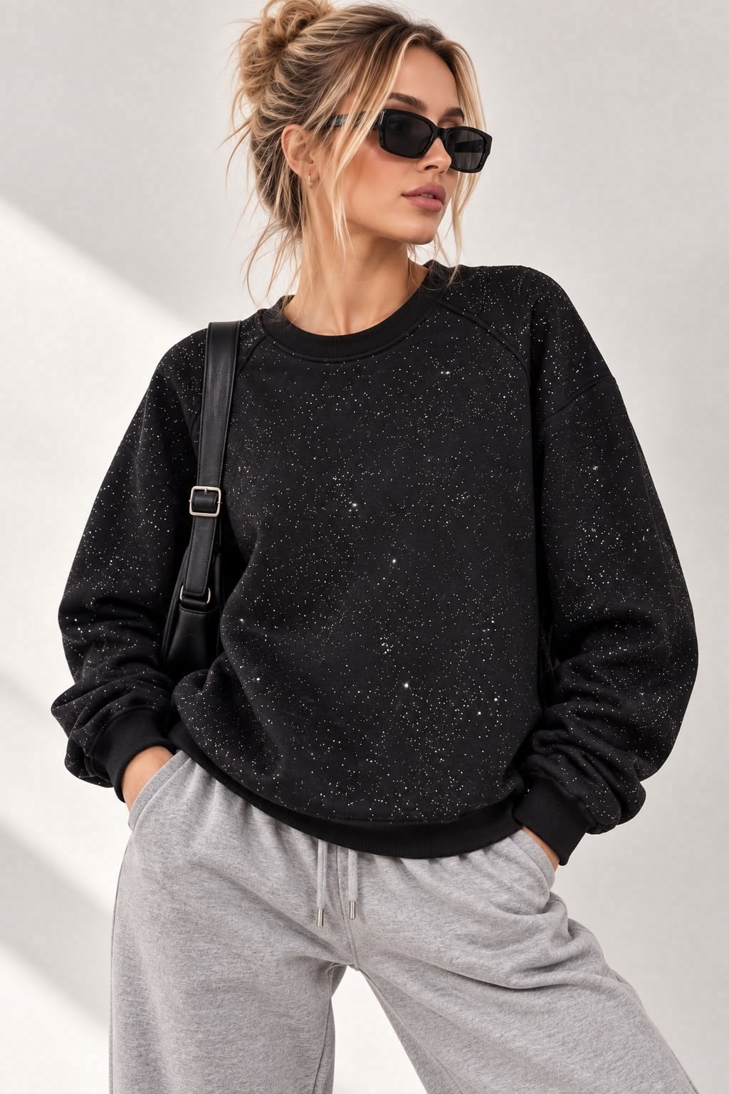 Siyah Işıltılı Bisiklet Yaka Sweatshirt