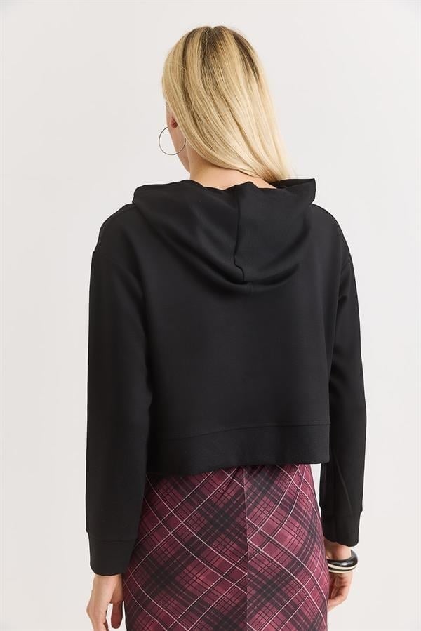 Siyah Kapüşonlu Düz Sweatshirt