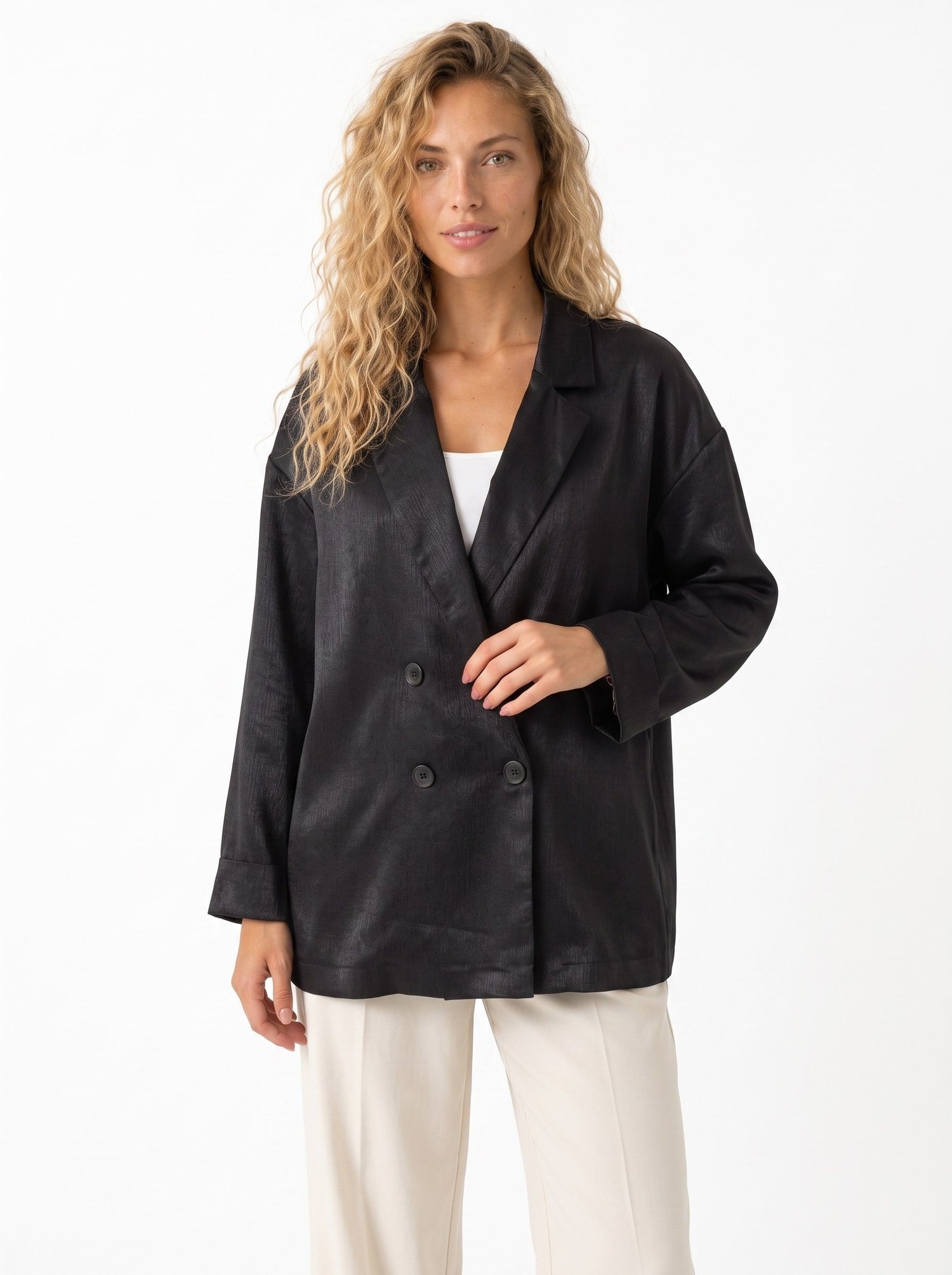 Siyah Kruvaze Saten Blazer Ceket