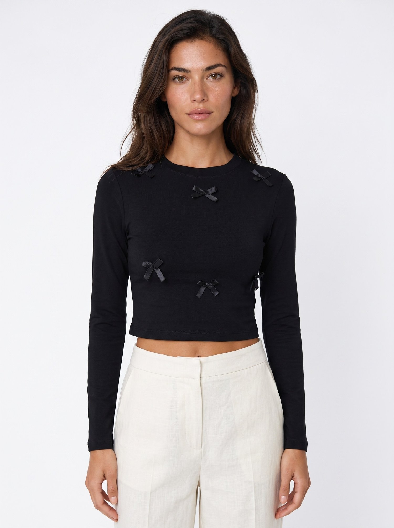 Siyah Kurdeleli Crop Bluz