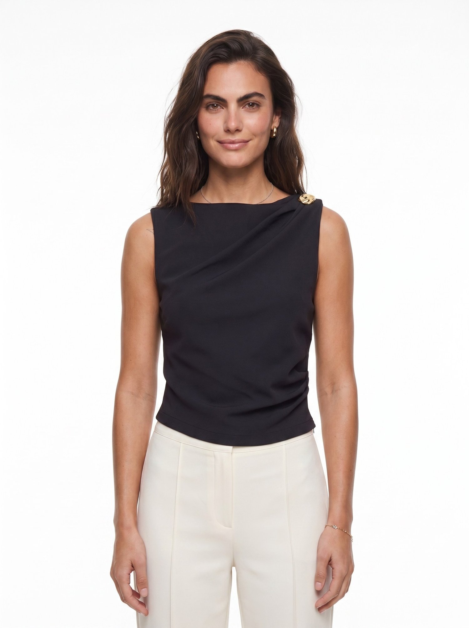 Siyah Metal Aksesuarlı Drape Bluz