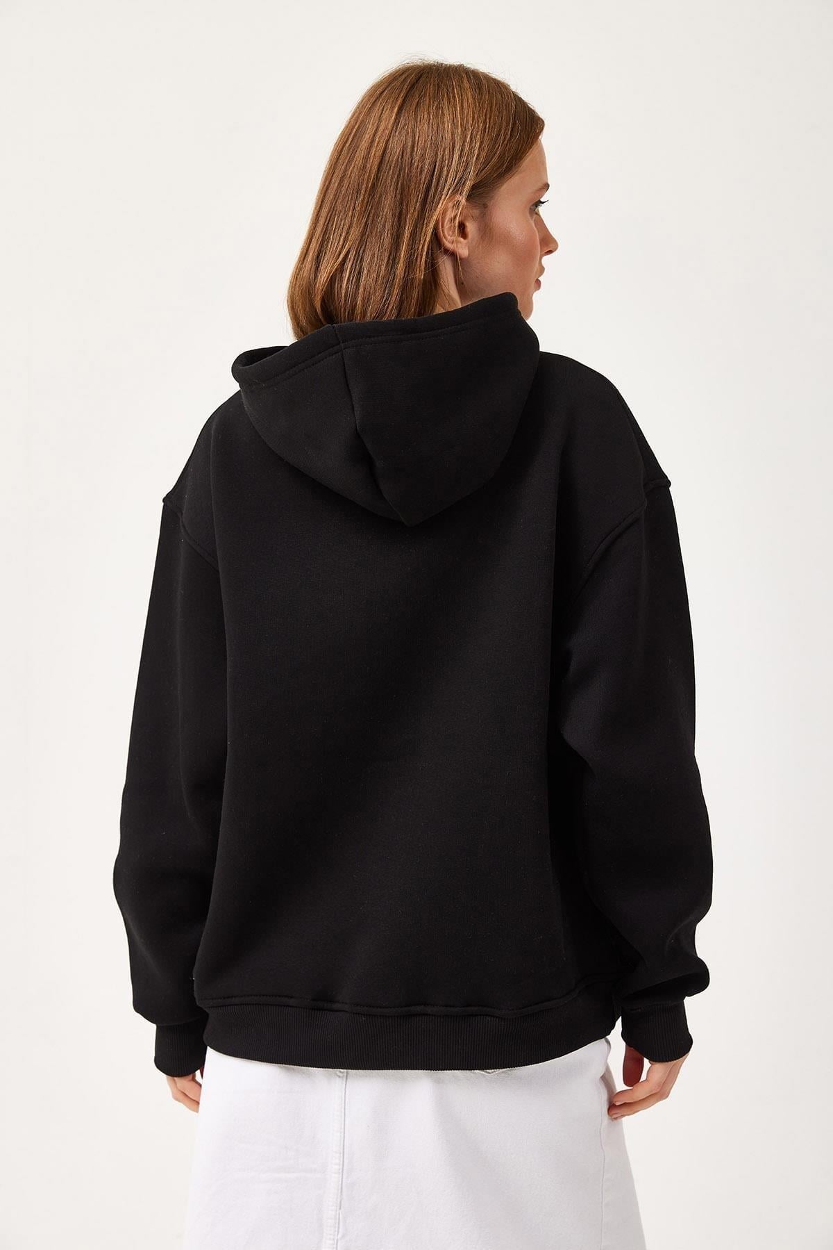 Siyah Oversize Baskılı Kapüşonlu Sweatshirt