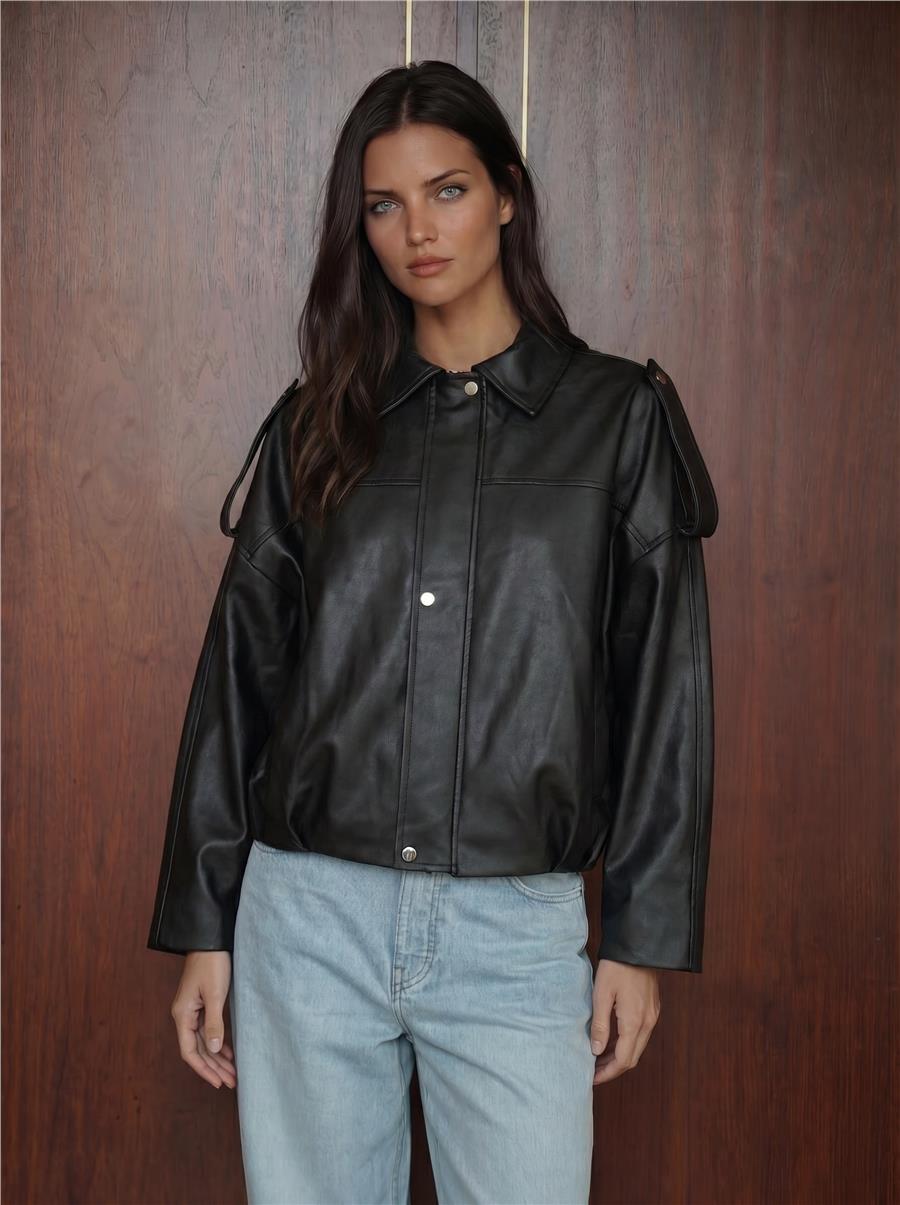 Kadın Oversize Deri Ceket 1055 - Siyah
