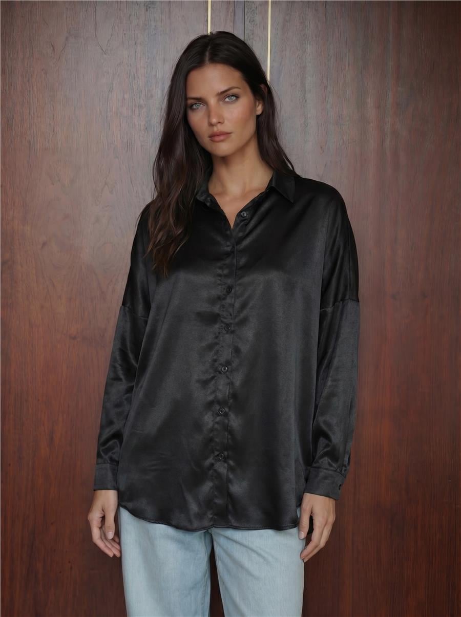 3985 Oversize Saten Gömlek - Siyah
