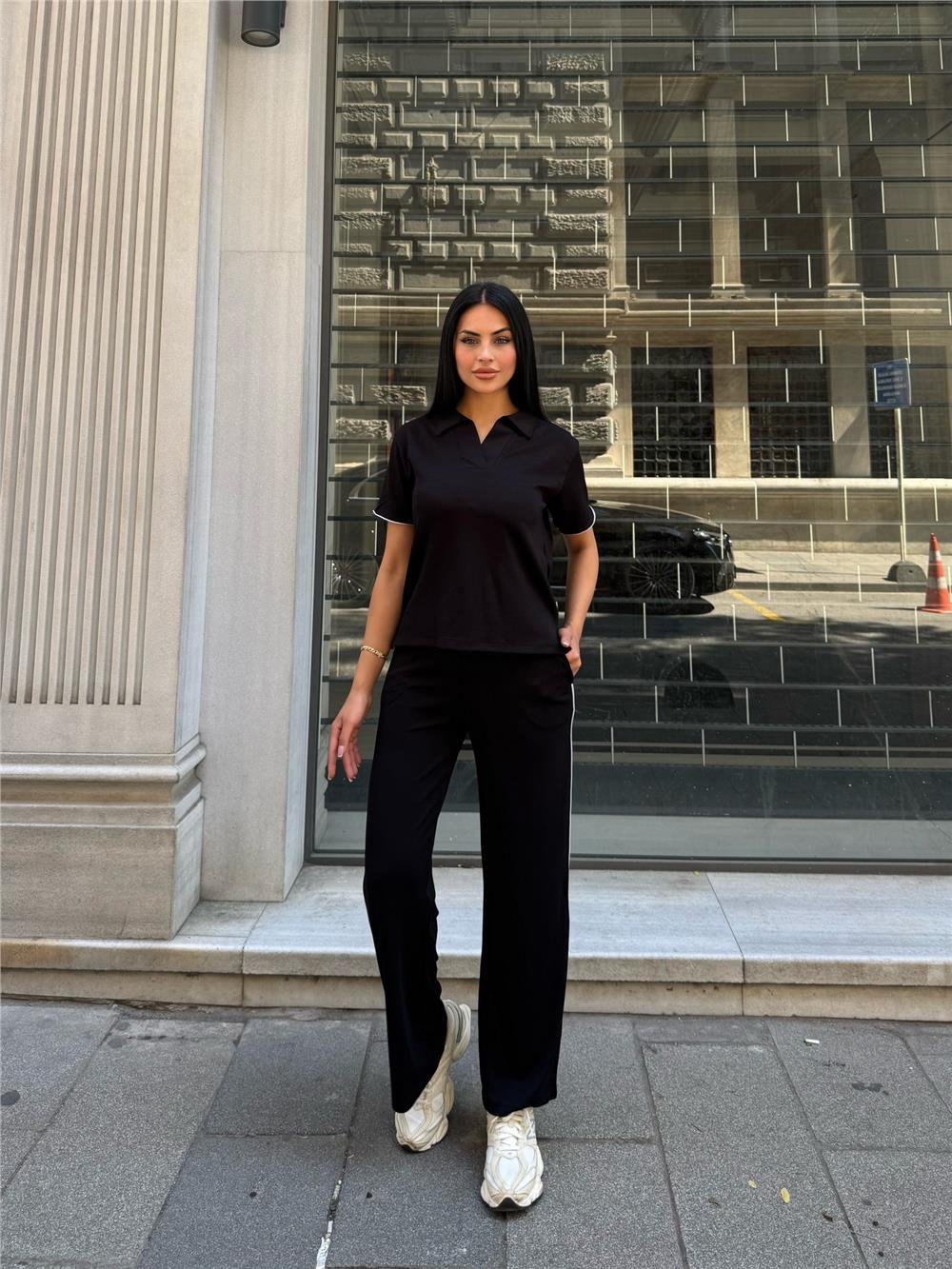 Siyah Polyester Keten Polo Yaka Takım