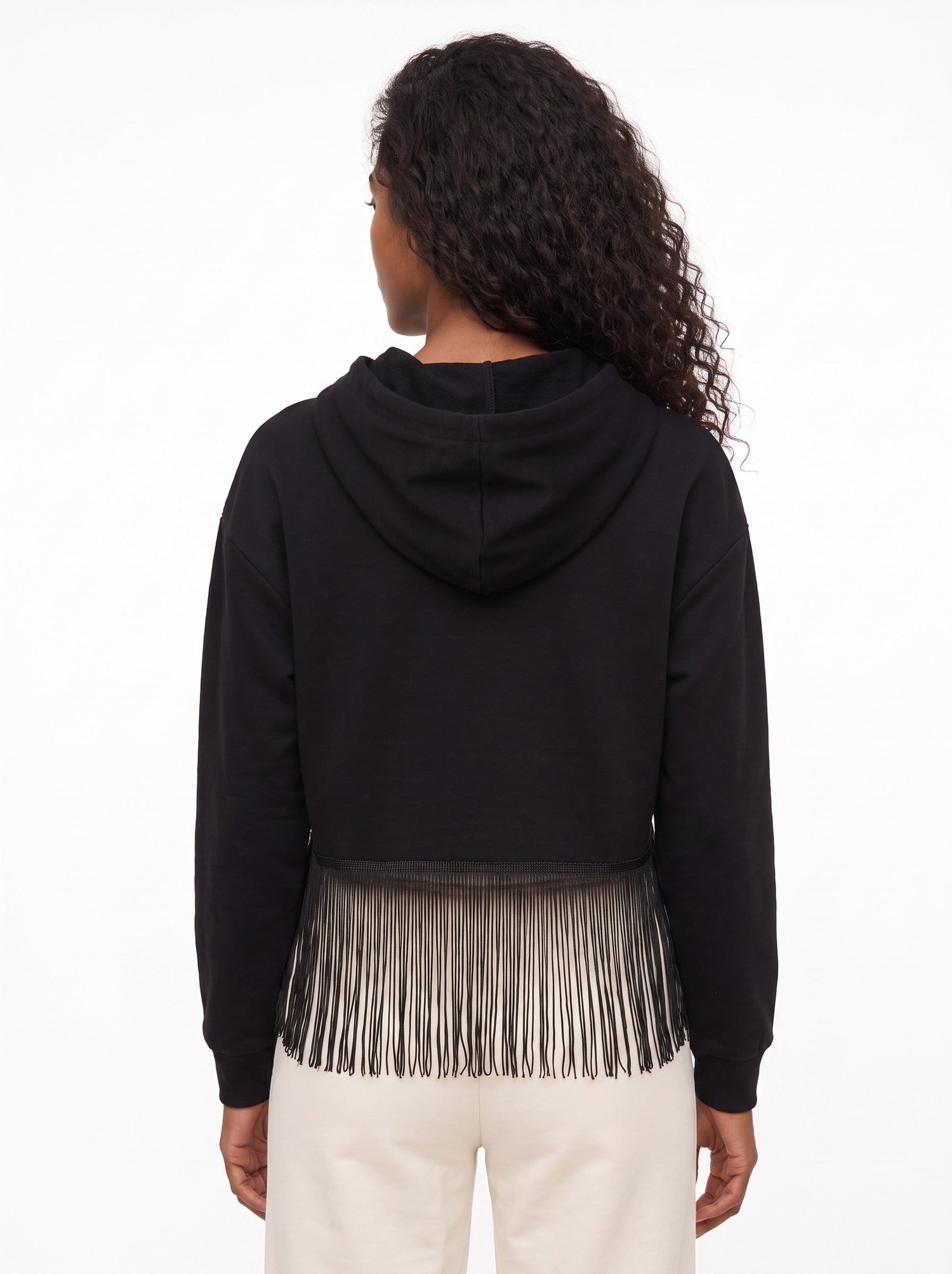 Siyah Saçaklı Kapüşonlu Sweatshirt