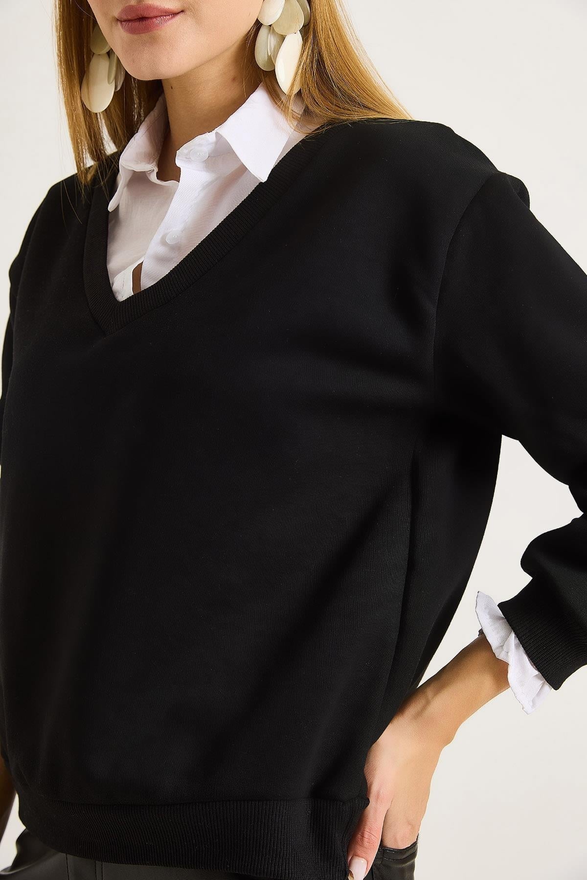 Siyah Şardonlu V Yaka Sweatshirt