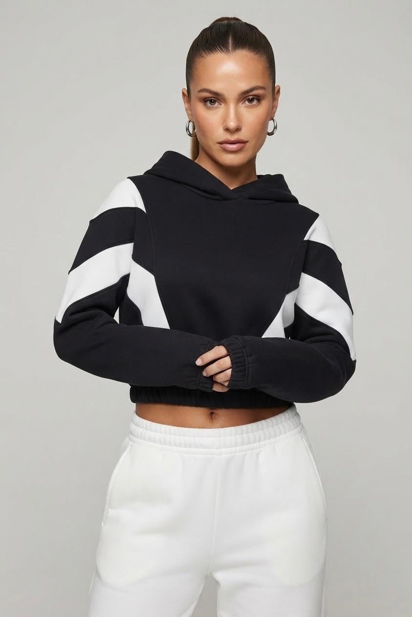 Siyah Şeritli Kapüşonlu Sweatshirt