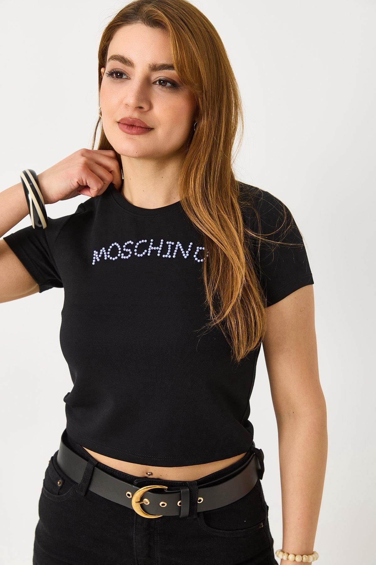 Siyah Taş Detaylı Crop Bluz