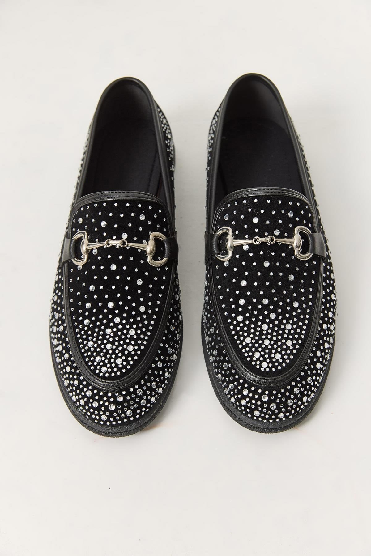Siyah Taşlı Süet Loafer