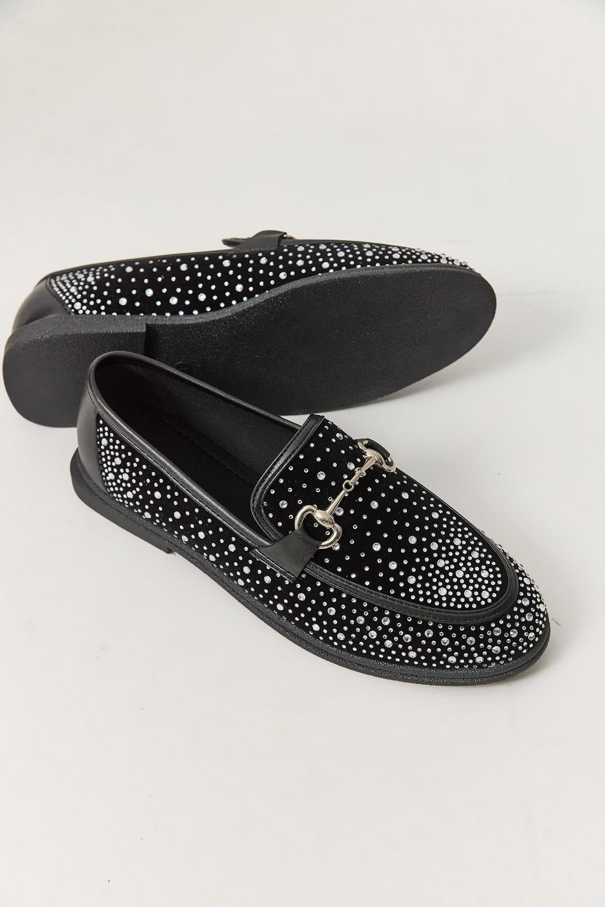Siyah Taşlı Süet Loafer