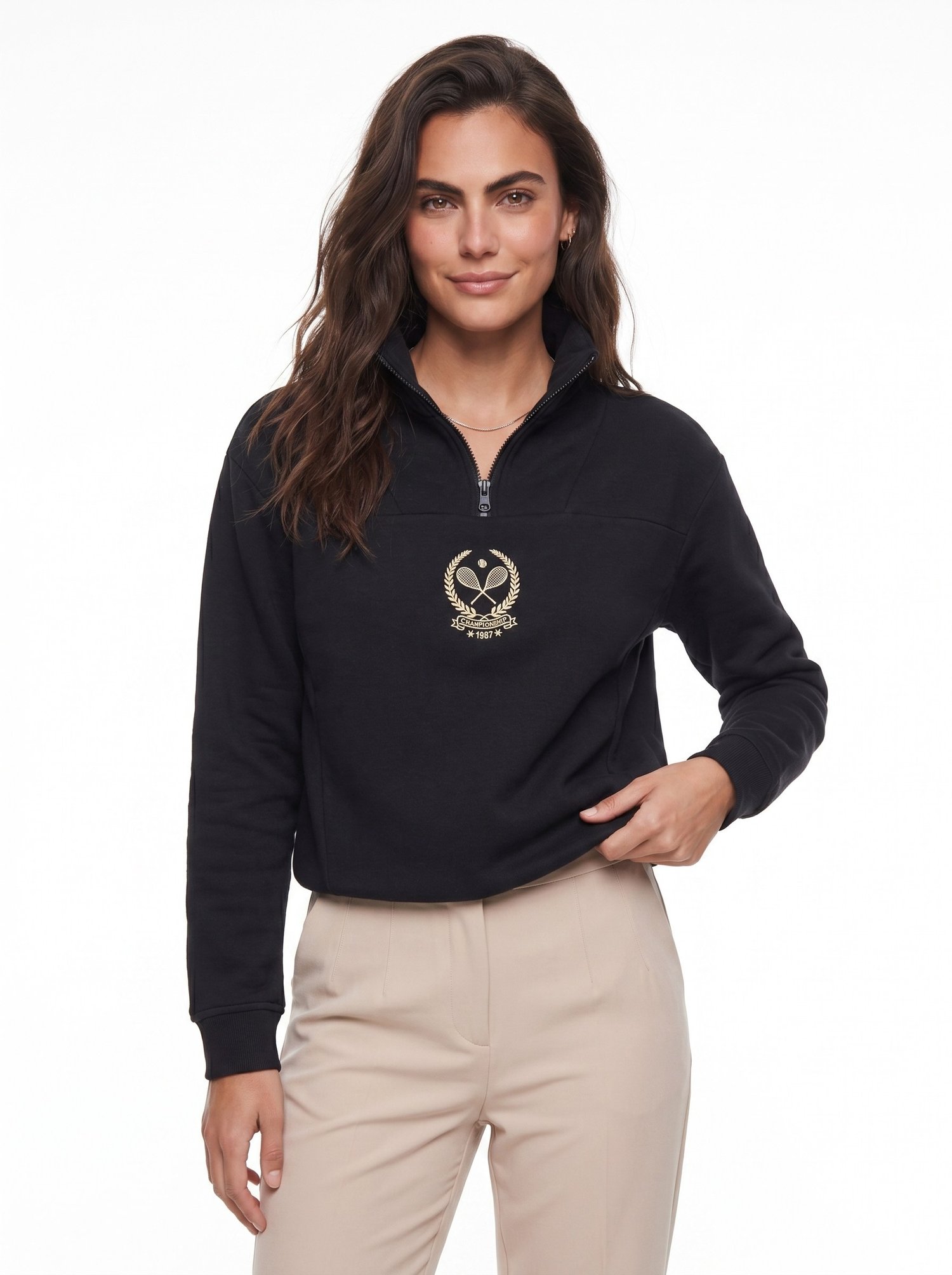 Siyah Yarım Fermuarlı Crop Sweatshirt