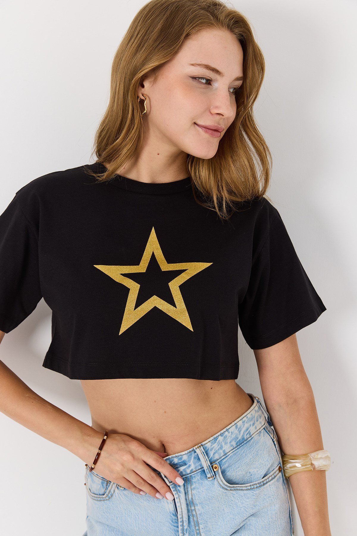Siyah Yıldız Baskılı Crop Bluz