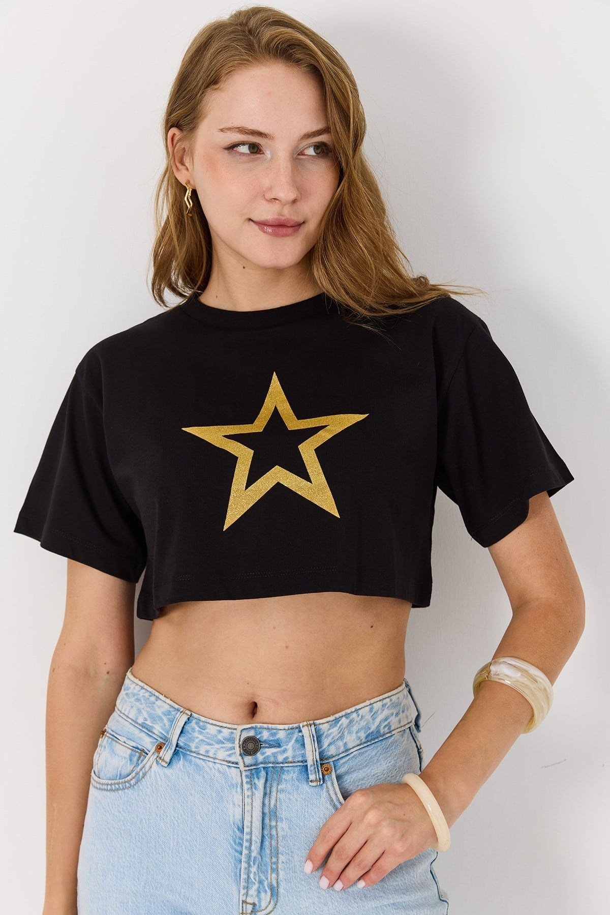 Siyah Yıldız Baskılı Crop Bluz