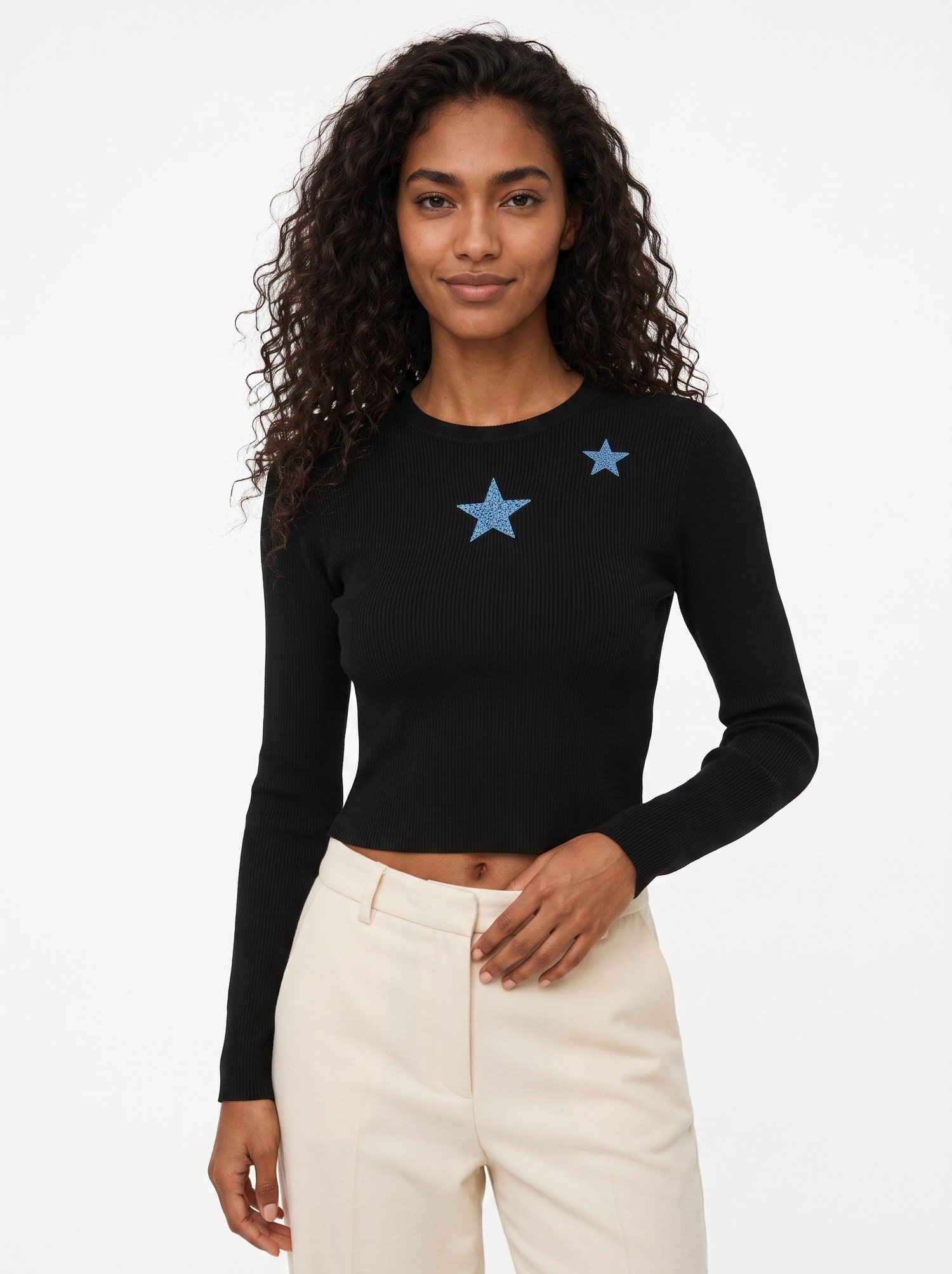 Siyah Yıldız Nakışlı Crop Bluz